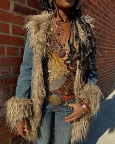 70s Fashion Fur Coat, Fur Cardigan Outfit Y2k, Denim Penny Lane Coat, Y2k Vest Outfit, 70s Vest Outfits, Fur Vest Outfit, Trend Prediction, Real Y2k, 70s Inspired Fashion