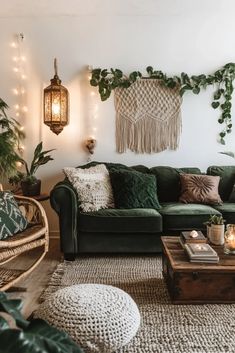 a living room filled with lots of green furniture