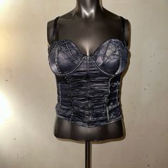 Nwot But It’s Brand New. I Got It Without Tags. Y2k Satin Sheen Denim Material With Rhinestones Size Medium. Has Adjustable Straps (Use Button Or Notwill Hook In Back Of Cup Like Bra) Can Go Without Straps Too With Padded Underwire Cups And Hook And Eye Closure In The Back. Very Stretchy And Should Fit Cup Size B/C. Stretches Another Inch Or More! Nicer In Person! Feel Free To Ask Questions. Made From Cotton/Polyester/Spandex. Denim Corset For Night Out, Fitted Y2k Denim Blue Top, Trendy Denim Corset For Night Out, Fitted Denim Party Top, Fitted Dark Wash Corset, Undershirt Tank Top, Small Tank Tops, Stage Outfit, Denim Corset