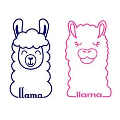 two llamas with the word llama on them are outlined in pink and blue