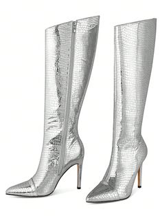 Elevate your fashion game with Reflective Glamour's Metallic Knee-High Stiletto Boots. These boots feature a sleek, reflective design that adds a touch of glamour to any outfit. Perfect for the fashion-forward woman in search of statement footwear. Color : Silver Snake Closure Type : Back Zipper Insole Material : Fabric Lining Material : Microfiber Leather Outsole Material : Rubber Upper Material : PU Leather Fitted Silver Glamorous Knee-high Boots, Silver Fitted High Heel Boots, Trendy Metallic Boots For Night Out, Trendy Metallic Winter Boots, Silver Fitted Knee-high Boots For Fall, Fitted Silver Knee-high Boots For Fall, Silver Fitted Heeled Boots With Pointed Toe, Silver Boots For Club Wear, Metallic Fitted Heeled Boots With Pointed Toe