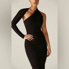 Brand New With Tags And Security Strap. Alieva Dress Midi Dress Black, Shoulder Cut, Bodycon Fashion, Modern Dress, Midi Dress With Sleeves, Silhouette Cut, Stretch Dress, Classy Dress, Bandage Dress