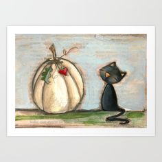 a painting of a black cat next to a white pumpkin on a table with blue sky in the background