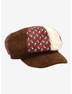 Mushroom Patchwork Cabbie Hat | Hot Topic Brown Cotton Hat For Fall, Brown Retro Cotton Hat, Brown Cotton Retro Hat, Retro Brown Cotton Hat, Barrette Hat, Cottagecore Hat, Cabby Hat, Patchwork Hat, Mystery Story