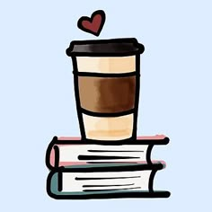 a stack of books with a cup of coffee on top and a heart above it