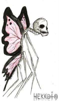 a drawing of a skeleton holding a pink butterfly