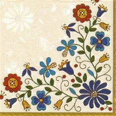 a white cloth with blue, red and yellow flowers in the center on a gold border