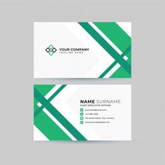 a business card with green and white lines on the front, side and back sides