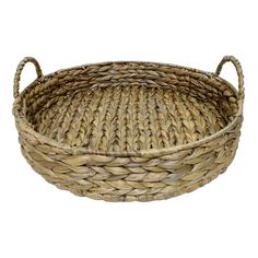 a woven basket with handles is shown on a white background for use as a serving tray