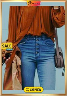 Vintage Casual Denim Flared Jeans Trendy Non-stretch Button-up Jeans, High Waist Jeans For Fall, Chic Brown Spring Jeans, High Waist Denim Tops For Fall, Fall High Waist Denim Tops, Casual Jeans For Fall Day Out, Chic Jeans For Fall Day Out, Trendy Jeans For Fall Day Out, Trendy Fall Jeans For Day Out