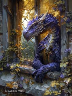 a blue dragon sitting on top of a window sill next to leaves and flowers