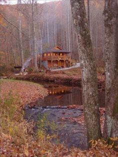 a house in the woods next to a stream and trees with leaves around it, surrounded by fall foliage