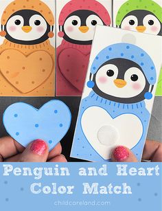 penguin and heart color match craft for valentine's day with free printables