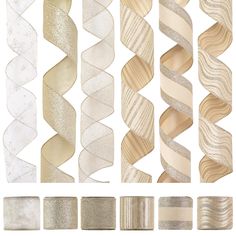 the different types of ribbons are shown in gold and white colors, with metallic foil on them