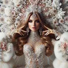 a barbie doll is surrounded by flowers and other white stuff in her hair, wearing an elaborate headpiece