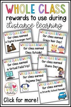 several posters with the words whole class, reward to use during distance learning and other activities