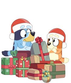 two cartoon characters with christmas presents