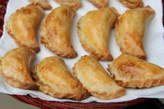 several pastries are arranged on a paper towel in order to be eaten or served