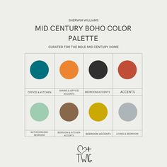 the mid century boho color palette is shown in different colors and sizes, including red, orange, green, yellow, blue, black