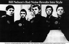 an advertisement for the red noise, featuring four men in black coats and one man in white