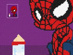 an image of a spiderman with a pencil in front of it and a drawing on the wall