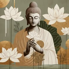 a buddha statue sitting in front of flowers and water lillies on a green background