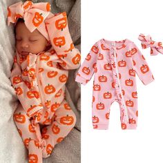 Infant Baby Girls Boys Cute Romper 0-24m Ruffles Long Sleeve Pumpkin Print Zipper Halloween Jumpsuits Playful Pink Winter Onesie, Cute Pink Winter Onesie, Fall Onesie For Playwear, Cute Pink Onesie For Playtime, Pink Long Sleeve Onesie For Fall, Playful Fall Playwear For Babies, Cute Halloween Onesie For Playtime, Pink Fun Onesie For Playtime, Fun Pink Onesie For Playtime