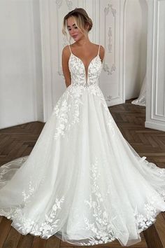 Beautiful Long Ivory A-line Spaghetti Straps V-neck Wedding Dress With Lace Romantic A Line Wedding Dress Simple, Different Types Of Wedding Dresses, Dresses With Appliques, V Neck Wedding Dress, Dream Wedding Ideas Dresses, Wedding Bridal Party, Bridal Party Dresses