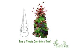 a christmas tree made out of green and red ribbons with the words turn a tomato cage into a tree