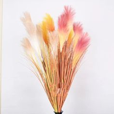 a vase filled with lots of colorful feathers on top of a wooden table next to a white wall