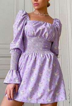 Purple Stretchable Floral Printed Mini Dress. It is street style, good for elegant ladies, classy teens and modern fashion Floral Bustier, French Dress, Maxi Robes, Girl Pattern, Look Plus, Long Sleeve Mini, Collar Dress, Long Sleeve Mini Dress, Chic Dress