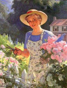 a painting of a woman in a garden with flowers and gardening shears on her hand