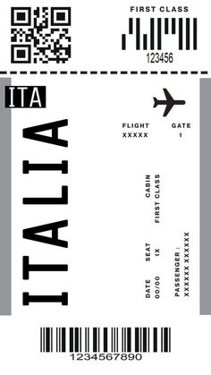 an airplane ticket with the word italia on it and a barcode in black ink