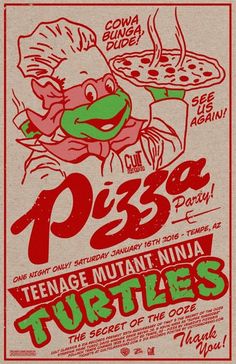 the poster for pizza party featuring teenage mutant ninja turtles