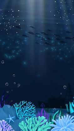 an underwater scene with corals and starfish in the water at night, illustration painting