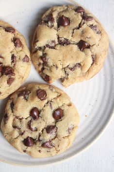 three chocolate chip cookies on a white plate