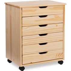 a wooden drawer with four drawers on wheels