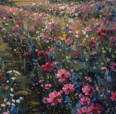 a painting of a field full of flowers with trees in the backgrouund