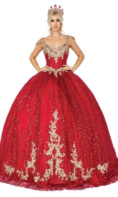 Long a-line quinceanera ball gown with cap sleeves and sweetheart neckline.�� Ball Gown Quinceanera Dress For Prom Season, Fitted Bodice Ball Gown For Quinceanera, Red Ball Gown Quinceanera Dress For Sweet 16, Red Ball Gown For Sweet 16 Quinceanera, Red Fitted Quinceanera Dress For Pageant, Fitted Red Quinceanera Dress For Pageant, Elegant Red Quinceanera Dress For Pageant, Red Ball Gown Quinceanera Dress For Pageant, Red And Gold Prom Dress