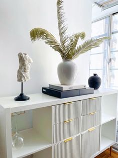 a white shelf with some books and a plant on top