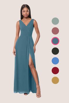 a woman in a long blue dress with different colors and shapes to choose from, including the