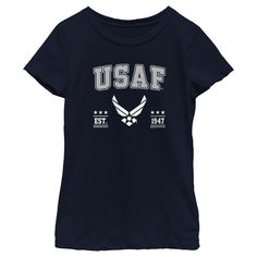 Show your love for the oldest and largest branch of the Armed Forces, The United States Army, with officially licensed apparel for the whole family! This Girls' U.S. Air Force Est. 1947 Logo Graphic T-Shirt features the Air Force symbol, stars, and "USAF Est. 1947" printed in large letters across the front. Whether you've served or just want to show your support, grab some US Army gear today and show your Army pride in style! Navy Cotton T-shirt With Team Logo, Air Force Symbol, Army Gears, Army Shirts, U S Air Force, United States Air Force, Girls Graphic Tee, Graphic Tee Design, United States Army