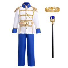 PRICES MAY VARY. 🧡🧡 Boys Prince Charming Costume: Prince charming costume boys kids Medieval royal prince outfit fancy prince dress up costume with accessories set for toddler kids boys Halloween Carnival Christmas birthday party cosplay. 4PCS 5PCS 6PCS 7PCS toddler kids king dress-up set, come with long sleeve jacket shirt with gold trim, long pants, gold belt, king crown, robe cloak cape, truncheon, shoe covers. Complete Prince Charming child costume for kids' Halloween costumes, theme parti King And Queen Costume For Kids, King Triton Costume Kids, Royal Prince Outfit, Prince Outfit Design, Prince Dress Up, Prince Outfit, Prince Charming Costume, King Dress, Up Halloween Costumes