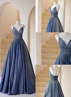 Blue V-Neckline Straps Low Back A-Line Prom Dress Outfits For Girls Blue A-line Maxi Dress For Prom, Blue A-line Maxi Dress With Fitted Bodice, Blue Fitted V-neck Dress, Blue V-neck Maxi Dress For Prom, Blue A-line V-neck Dress For Evening, Fitted Blue V-neck Maxi Dress, Blue A-line V-neck Evening Dress, Blue Fitted V-neck Prom Dress, Fitted Blue V-neck Prom Dress