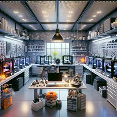 a room filled with lots of different types of items and lighting on the ceiling above it