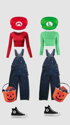 three different outfits with pumpkin hats on top and one wearing overalls, the other in green