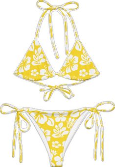 White Hawaiian Flowers on Yellow String Bikini - Extremely Stoked Adjustable String Swimwear For Sunbathing, Adjustable String Swimwear For Pool, Yellow Strappy Swimwear For Vacation, Beach Swimwear With Adjustable Straps, Beach Swimwear With Adjustable String Straps, Beach String Swimwear With Adjustable Straps, Adjustable Yellow Swimwear For Vacation, Beach Swimwear With Adjustable Straps And String Shape, Yellow Strappy Swimwear For Beach