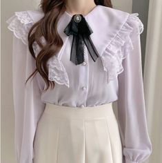 Tie Tops, Lace Shirts, Bow Tie Top, Black Lace Shirt, Korea Design, Academia Style, Mori Girl Fashion, Cottagecore Fashion, Stylish Blouse