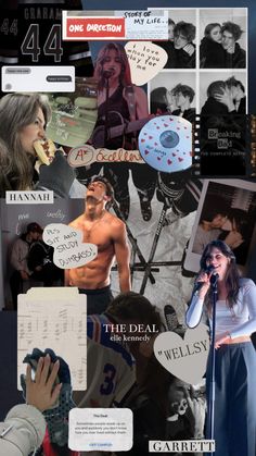 the collage has many different pictures and words on it, including one woman holding a microphone