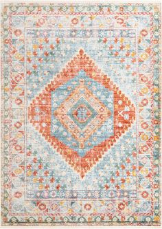 a colorful rug with an intricate design on the front and back side, in multicolors